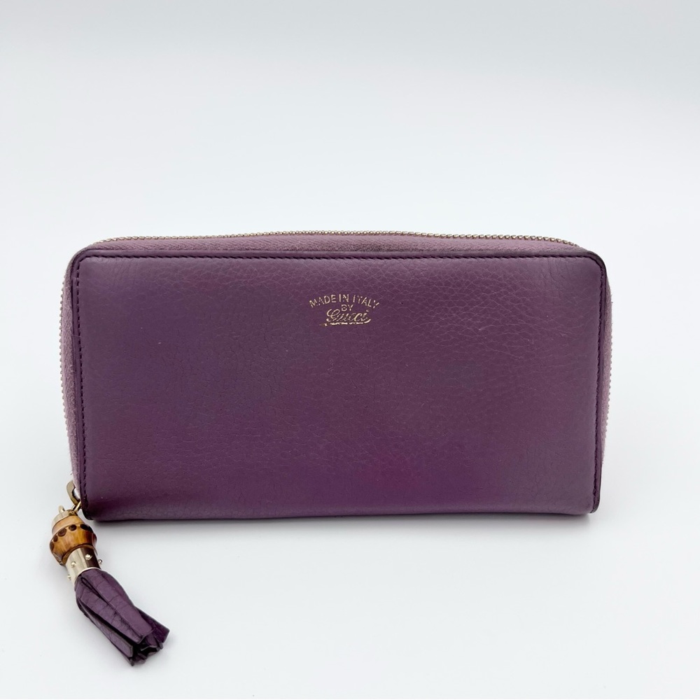 Gucci Purple Leather Bamboo Tassel Zip Around Wallet